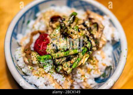 Plat traditionnel japonais à base de légumes avec meboshi pickled prune aux tiges vertes d'épinards, tahini et tamari tamarin vinaigrette avec ric blanc Banque D'Images