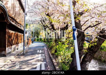 Kyoto, Japon quartier résidentiel paisible au printemps ensoleillé avec le canal de la rivière Takase en avril au Japon avec des cerisiers en fleurs et un panneau d'arrêt sur le ro Banque D'Images