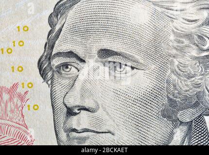 Portrait du président américain Alexander Hamilton sur dix billets dollar bill, avers, macro Banque D'Images