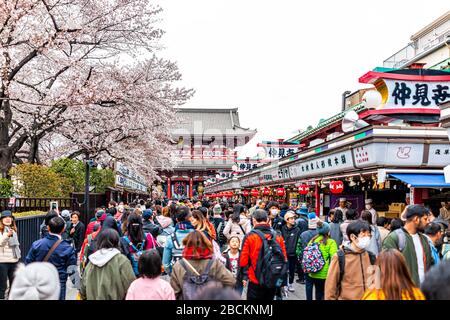 Tokyo, Japon - 30 mars 2019 : paroisse d'Asakusa avec lanternes d'architecture rouge et foule de personnes sur la rue commerçante Nakamise par temple Sensoji sanctuaire Banque D'Images
