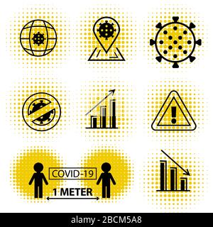 Icônes de coronavirus. Lignes noires avec demi-teinte jaune. Maintenez une distance de 1 mètre. Pertes commerciales. Illustration de Vecteur