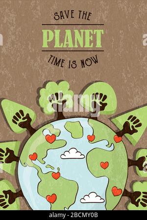 Enregistrez le devis texte écologique Planet, la journée de la terre ou la carte de vœux de l'événement d'aide à l'environnement. Arbres de main humains divers ensemble pour le soutien de la communauté ou Illustration de Vecteur