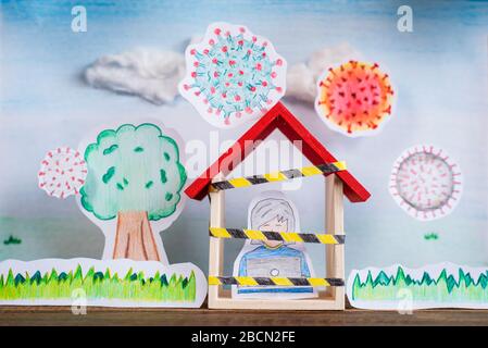 Concept tiré à la main du travail à domicile dans la crise pandémique mondiale covid-19. Femme travaillant à la maison Banque D'Images