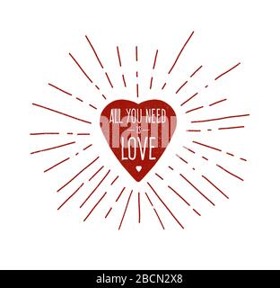 Illustration de coeur rouge dessinée à la main avec les mots « tout ce dont vous avez besoin est Amour » phrase Banque D'Images