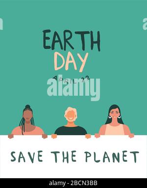 Carte de vœux Earth Day pour l'événement de vacances écologique du 22 avril. Divers groupes de jeunes qui ont des signes de protestation, un défilé dans l'environnement ou une campagne dans la nature Illustration de Vecteur