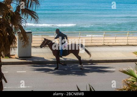 Beyrouth Liban. 4 avril 2020. Un homme qui monte un cheval arabe sur la route le long d'une promenade en bord de mer vide de Beyrouth bordée de palmiers tandis que les rassemblements publics sont interdits pendant un verrouillage pour freiner la propagation du coronavirus covid-19. Crédit: amer ghazzal/Alay Live News Banque D'Images