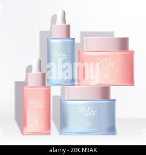 Cosmétiques vectoriels. Soin du corps bouteille et bol en verre dépoli colorés Illustration de Vecteur