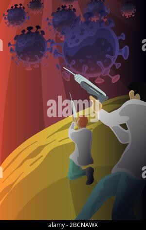 Le médecin avec pistolet de vaccin lutte contre le Coronavirus. Illustration tirée à la main eps 10. Illustration de Vecteur
