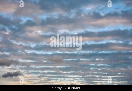 Rouleaux de nuages en forme de cigare dans le ciel. Nom latin: altocumulus undulatus. Le front de météo approche. Adapté comme fond d'écran ou fond d'écran. Banque D'Images