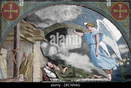 Nouveau Testament. Apparition de l'ange à Saint Joseph. Gravure. Sainte Bible, XIXe siècle. Banque D'Images