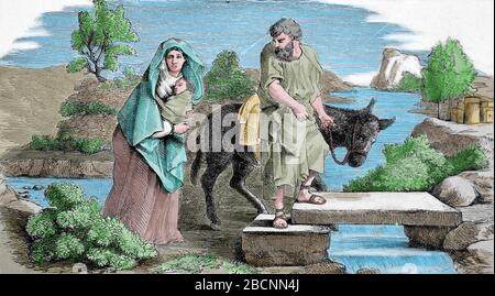 Nouveau Testament. Vol en Egypte. Gravure. Sainte Bible, XIXe siècle. Banque D'Images