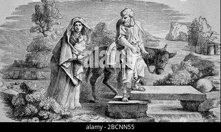 Nouveau Testament. Vol en Egypte. Gravure. Sainte Bible, XIXe siècle. Banque D'Images