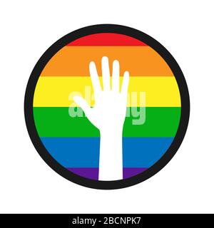 A l'intérieur du cercle, une main levée avec la paume se répand sur l'arrière-plan des couleurs LGBT, isolée sur un fond blanc, design moderne plat. S Illustration de Vecteur