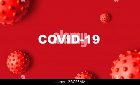 Bannière Coronavirus COVID-19, illustration tridimensionnelle. Thème de la maladie COVID sur fond rouge. Épidémie mondiale mortelle de virus corona du SRAS-CoV-2. Affiche avec COVID Banque D'Images