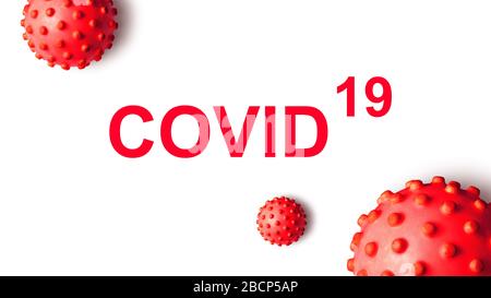Bannière Coronavirus COVID-19, illustration tridimensionnelle. Inscription COVID et germes rouges isolés sur fond blanc. Épidémie mondiale de virus corona SRAS-CoV-2. P Banque D'Images
