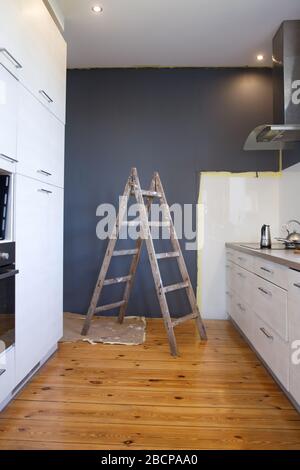 concept de rénovation - échelle dans la salle de cuisine pendant la restauration ou la rénovation Banque D'Images