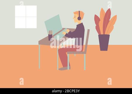 Personnage indépendant travaillant à la maison, travail à domicile, travailleur indépendant, bureau à domicile, travail à domicile. Caractère de télétravail. Technologie d'entreprise sans fil en ligne Banque D'Images