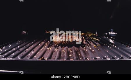 Délicieux bifteck de viande juteuse sur le gril. Faire cuire au bœuf à la sauce au roaster électrique, au romarin, au poivre noir et au sel. Ralenti. Banque D'Images