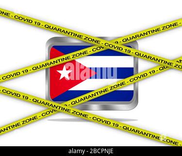 COVID-19 ruban jaune d'avertissement écrit avec: Zone de quarantaine couverture 19 sur l'illustration du drapeau de Cuba. Zone de danger du coronavirus, pays en quarantaine. Banque D'Images