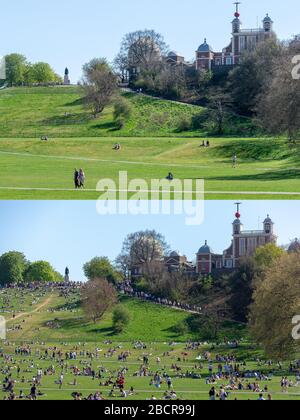 Londres, Royaume-Uni. 5 avril 2020. Coronavirus: Greenwich Park un an à part 2019-20 à 14:45. PHOTO DU HAUT (05-04-2020 à 14:45): Les habitants de la région observent principalement les règles de distanciation sociale en binôme ou en solo pendant le chaud week-end dimanche après-midi à Greenwich Park. IMAGE DU BAS (07-04-2019 à 14:45): Un an avant l'éclosion de Coronavirus a vu des centaines de marais à Greenwich Park pour profiter d'une vague de chaleur de printemps le dimanche. Crédit: Guy Corbishley/Alay Live News Banque D'Images