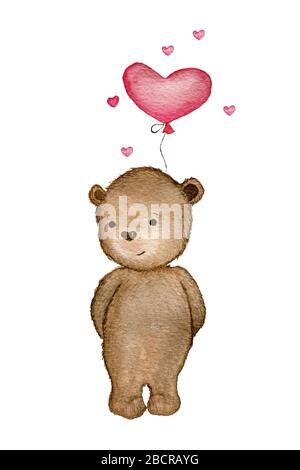 joli ours en peluche aquarelle avec ballon cœur rouge, motif concept d'amour, illustration de dessin animé aquarelle pour carte de jour de valentines ou fête des mères Banque D'Images