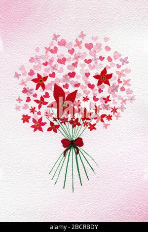 illustration florale festive de fête des mères avec bouquet de coeur, motif carte d'aquarelle avec fleurs et coeurs rouges, concept d'amour de jour de valentines Banque D'Images