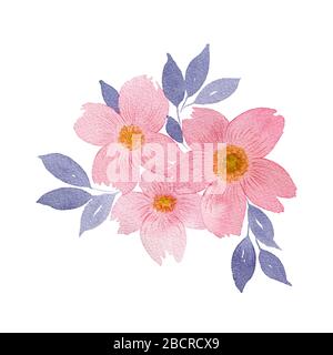bouquet d'aquarelles de fleurs roses avec des feuilles bleu marine, élément floral isolé sur le blanc Banque D'Images