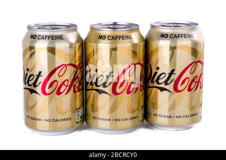 Boîtes Coca-Cola de régime, pas de Coca-Cola de caféine, pas de sucre, pas de calories, Coca-Cola, coke, Coca-Cola libre de caféine cola, boîtes de Coca-Cola de Coca-Cola, boîtes, boîte, boîte, marque, trois, Banque D'Images