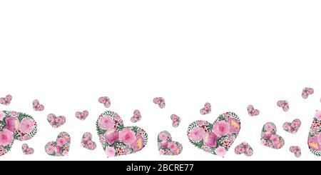 mère jour coeurs fond, aquarelle horizontale sans couture bordure, décoration de jour de valentines, concept d'amour avec les coeurs floraux mignons Banque D'Images