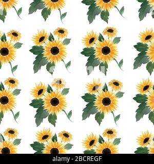 motif fleuri sans coutures à motif tournesol aquarelle, idéal pour les tissus d'été rétro, le scrapbook, le papier cadeau et les projets de conception de papier peint Banque D'Images