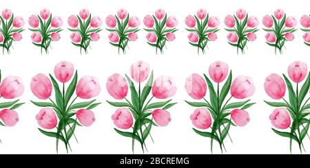 bordure sans couture avec bouquet de tulipes roses, bordure fleurie de printemps ornementale en aquarelle, décoration de fleurs de tulipes printanières Banque D'Images