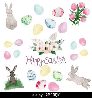 Aquarelle Easter clip art avec œufs, lapin de Pâques et fleurs de tulipe, dessin à la main dessin animé éléments de Pâques isolés sur blanc Banque D'Images