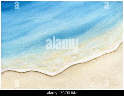 peinture de plage de couleur d'eau fond, sable doré et eau bleue de l'océan en été, scène de plage de couleur d'eau, Banque D'Images