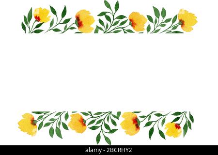 fond fleuri abstrait de printemps avec feuilles, fleurs jaunes et espace de copie, cadre floral de fête d'aquarelle peint à la main, motif carte de fête des mères Banque D'Images