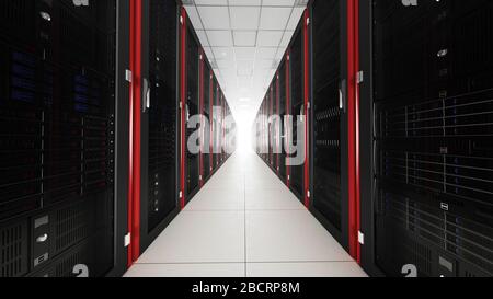 Intérieur du tunnel de la salle de serveurs. Couloir de racks dans la base de données avec des ordinateurs rapides et une connexion à haute vitesse utilisée dans le traitement des Big Data Banque D'Images