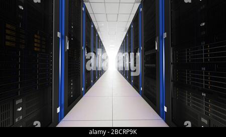 Intérieur du tunnel de la salle de serveurs. Couloir de racks dans la base de données avec des ordinateurs rapides et une connexion à haute vitesse utilisée dans le traitement des Big Data Banque D'Images