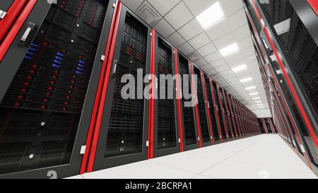 Intérieur du tunnel de la salle de serveurs. Couloir de racks dans la base de données avec des ordinateurs rapides et une connexion à haute vitesse utilisée dans le traitement des Big Data Banque D'Images