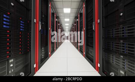 Intérieur du tunnel de la salle de serveurs. Couloir de racks dans la base de données avec des ordinateurs rapides et une connexion à haute vitesse utilisée dans le traitement des Big Data Banque D'Images