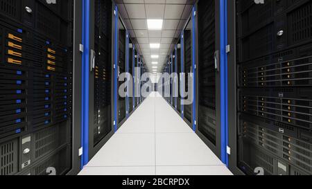 Intérieur du tunnel de la salle de serveurs. Couloir de racks dans la base de données avec des ordinateurs rapides et une connexion à haute vitesse utilisée dans le traitement des Big Data Banque D'Images