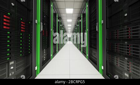 Intérieur du tunnel de la salle de serveurs. Couloir de racks dans la base de données avec des ordinateurs rapides et une connexion à haute vitesse utilisée dans le traitement des Big Data Banque D'Images