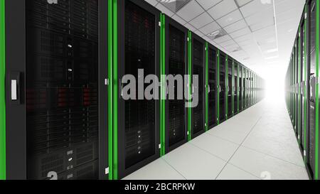 Intérieur du tunnel de la salle de serveurs. Couloir de racks dans la base de données avec des ordinateurs rapides et une connexion à haute vitesse utilisée dans le traitement des Big Data Banque D'Images