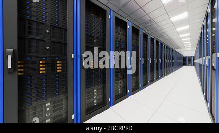 Intérieur du tunnel de la salle de serveurs. Couloir de racks dans la base de données avec des ordinateurs rapides et une connexion à haute vitesse utilisée dans le traitement des Big Data Banque D'Images