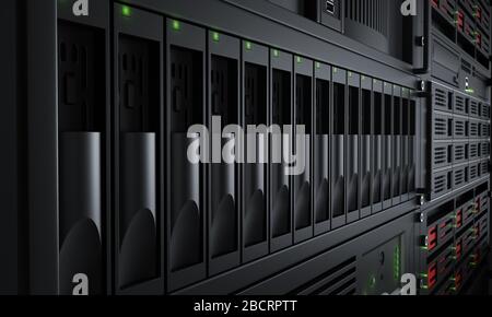 Armoire du boîtier du rack de serveurs. Base de données Big Database avec ordinateurs rapides et connexion haut débit utilisée dans le processus informatique Big Data. Équipement réseau rapide Banque D'Images