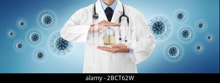 concept de verrouillage mains du médecin avec cadenas isolé sur fond bleu avec symboles de virus corona icônes copier l'espace et le modèle de bannière web Banque D'Images