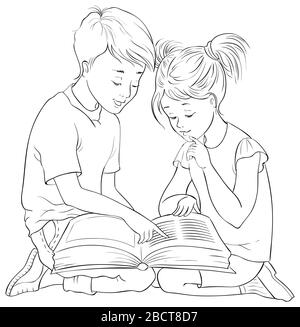 Les enfants lisent le livre. Page de coloriage de dessin animé Banque D'Images