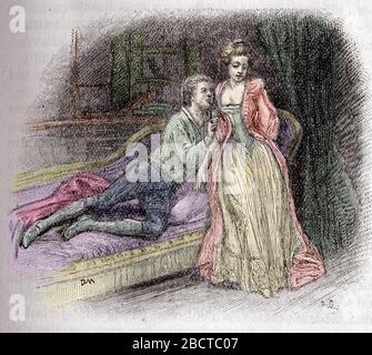 Giovanni Giacomo Casanova (1725-1798), aventurier et ecrivain italien, avec une de ses conquêtes - Gravure tiree de 'émoires de Jacques Casanova de S Banque D'Images