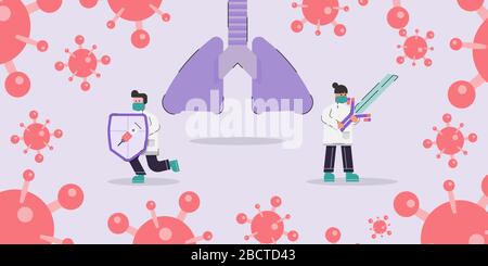 Deux médecins portent une chirurgie verte et utilisent un bouclier vaccinal et une épée d'anticorps pour protéger le poumon contre le coronavirus. Concept de la science médicale design de caractère. Illustration de Vecteur