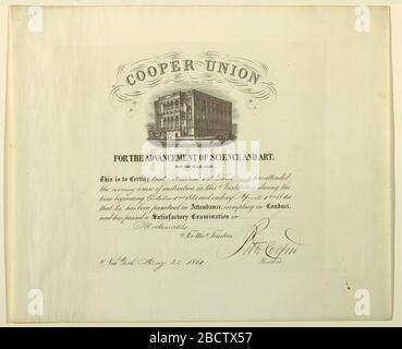 Certificat en mathématiques Cooper Union. Recherche en progression certificat gravé attribué par Cooper Union à William McFaul qui a « suivi le cours de formation en soirée dans cette institution pendant le mandat commençant le 1 octobre 1860 et se terminant le 1 avril 1961 ». Vignette du Cooper Union. Certificat en mathématiques Cooper Union Banque D'Images