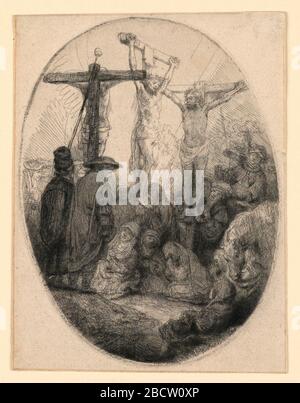 Christ crucifié entre les deux voleurs une plaque ovale. Recherche dans ProgressEnclosed dans un ovale, la figure centrale du Christ sur la croix est flanquée de deux voleurs crucifiés, l'un de la gauche vu du dos. Un groupe de figures au premier plan, illustré dans l'ombre. Christ crucifié entre les deux voleurs une plaque ovale Banque D'Images