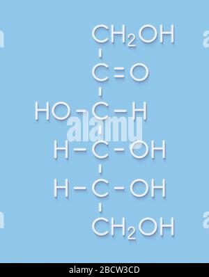 Molécule de sucre fruité fructose (D-fructose). Composant du sirop de maïs à haute teneur en fructose (HFCS). Formule du squelette. Banque D'Images